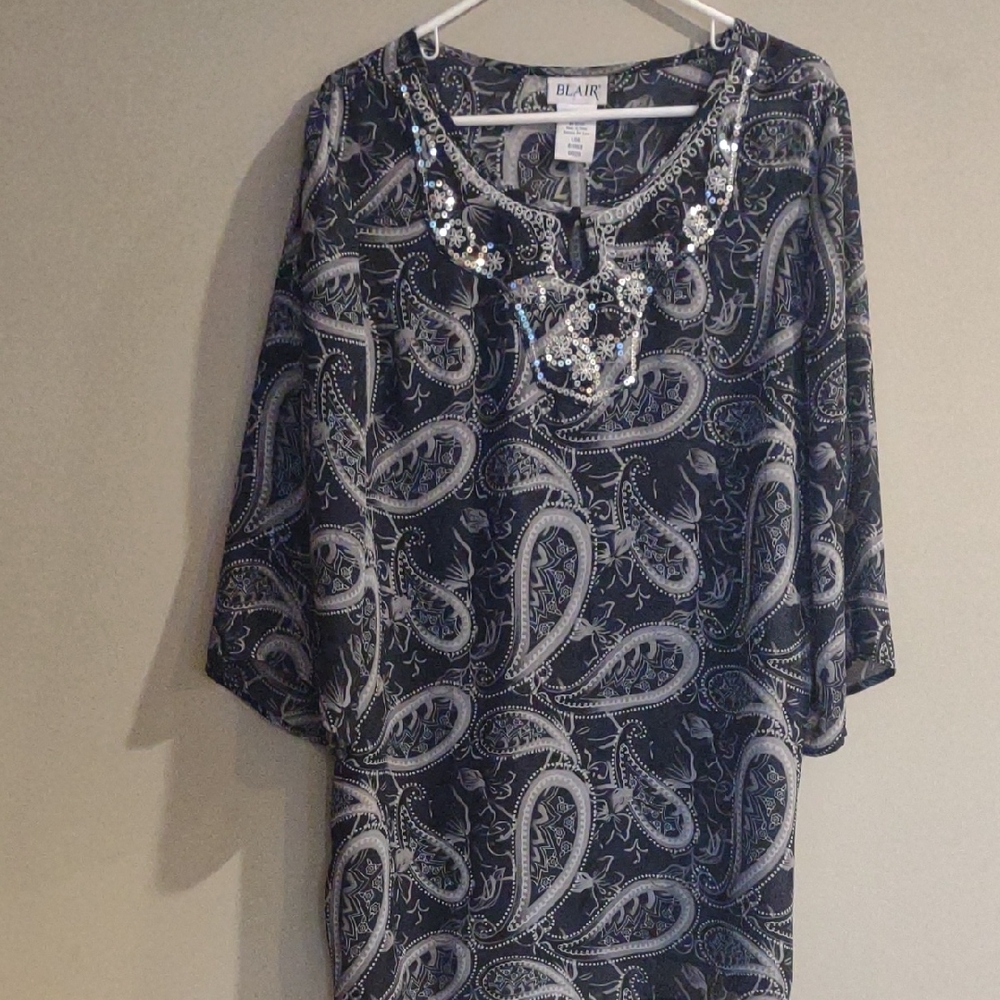 Blair Women's Large Black and Gray Paisley 3/4‎ Sleeve Blouse